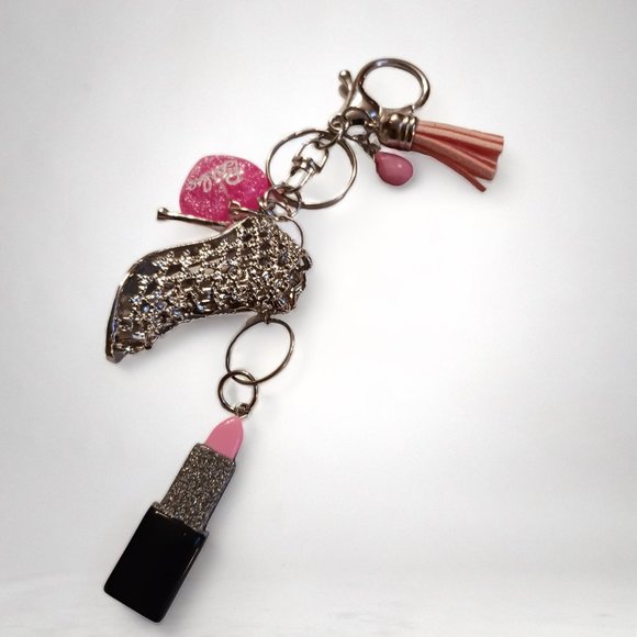 Barbie Glitter Heart Silver Stiletto Key Ring Purse Charm - Picture 4 of 6